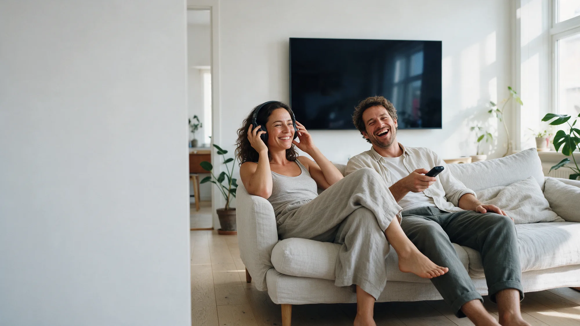 Paar lacht mit Kopfhörern auf dem Sofa in einem sonnigen Wohnzimmer mit großem Fernseher