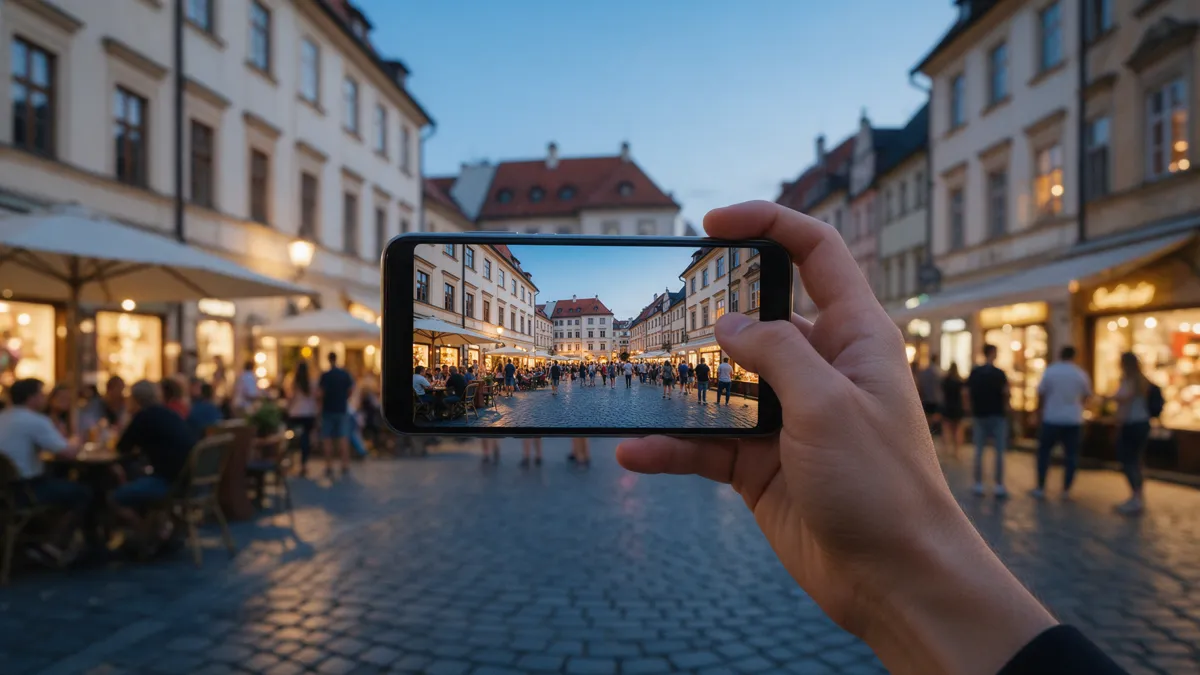 Hand fotografiert mit dem Smartphone einen belebten Altstadtplatz